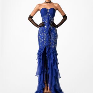 Vintage Blue Strapless Floral Beaded Silk Ruffle Asymmetric Prom Dress Size XS